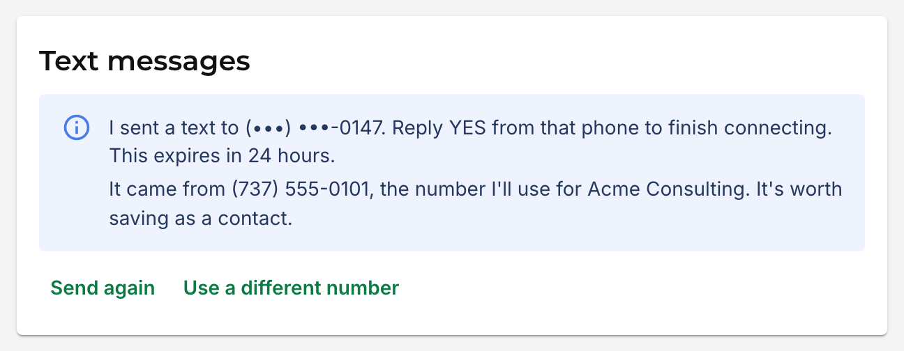Settings waiting for a YES, showing the number the text came from and the 24-hour expiry