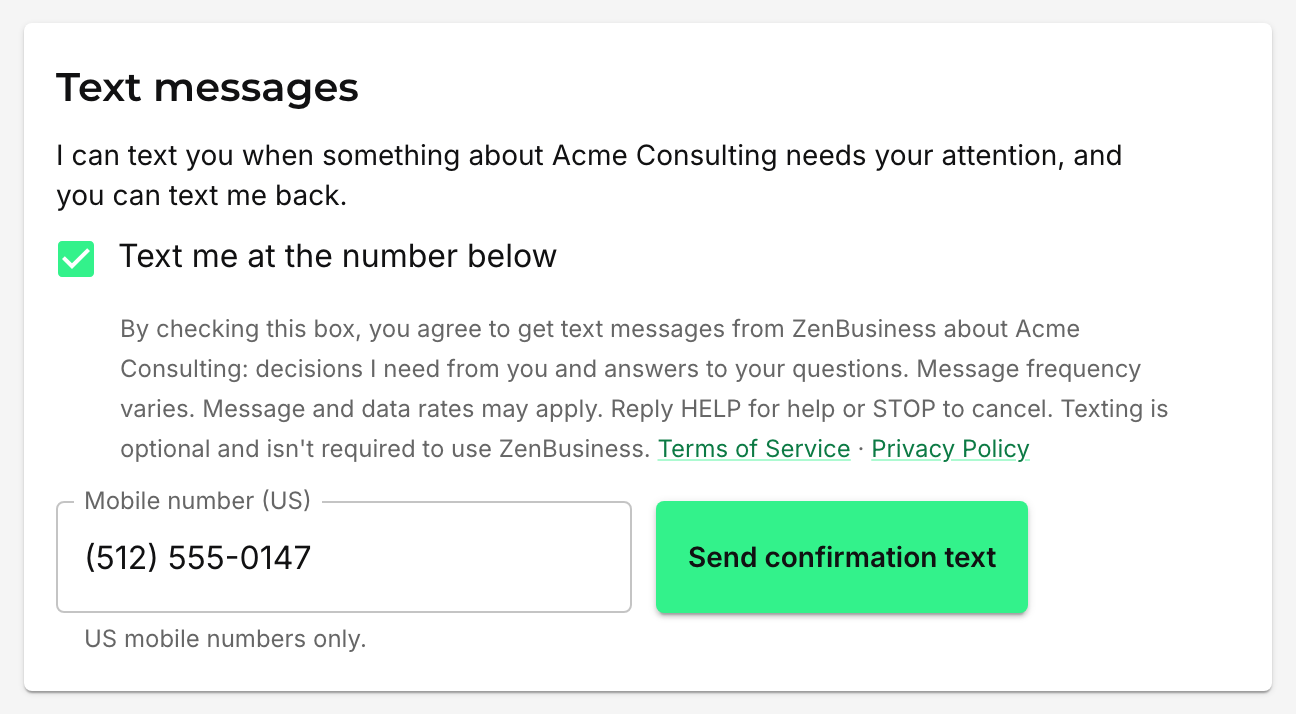 Consent screen, box ticked, example number (512) 555-0147 typed in